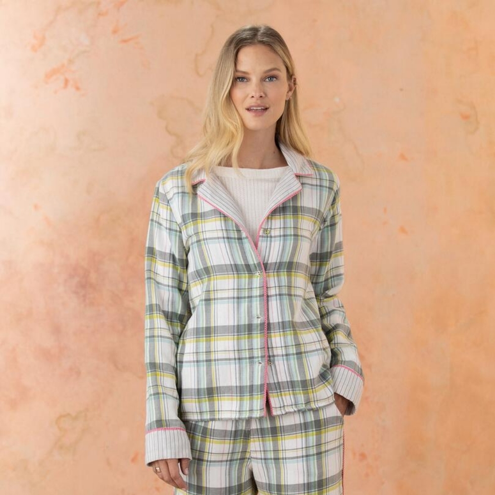 Sundance Powder Pastel Green Pink Yellow Plaid Pajama Top Shirt Spring S…